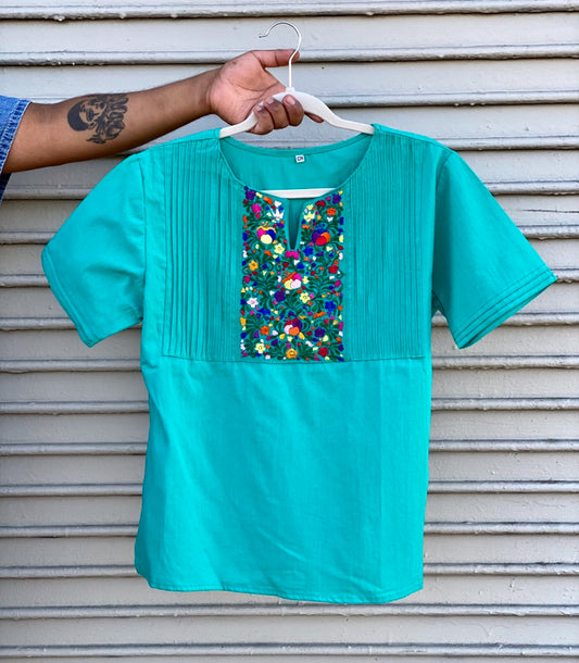Embroidered Flower Pleats Blouse in Teal