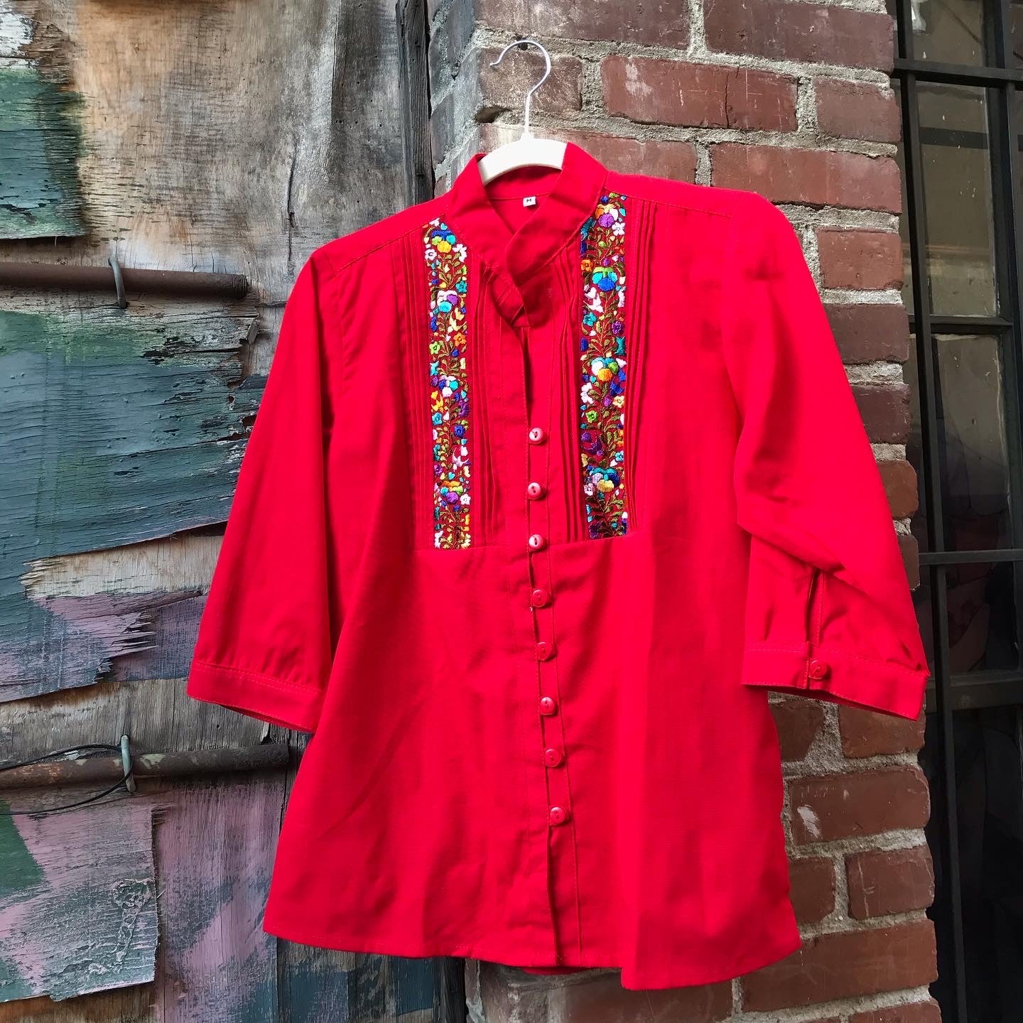 Women’s Embroidered Button-Down in Red